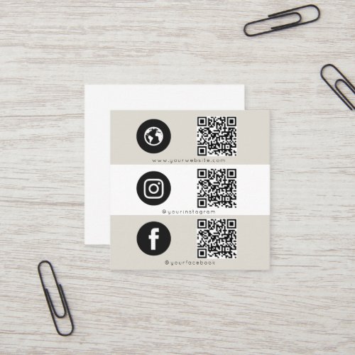 Modern Triple Icon  QR Code Social Media Beige Square Business Card