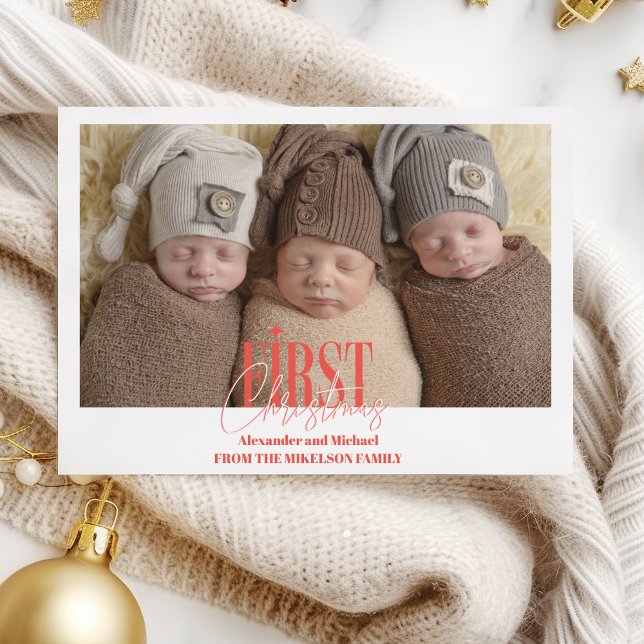 Modern Triplets First Christmas Custom Photo Holiday Card (Creator Uploaded)