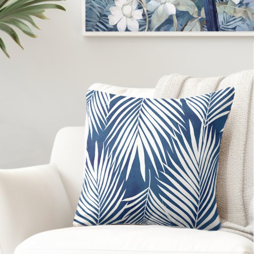 Modern Tropic Blue White Palm Leaves Throw Pillow