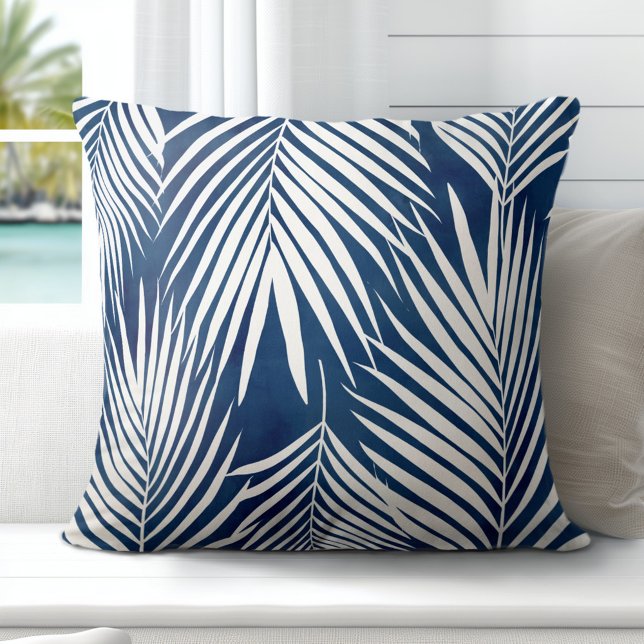 Modern Tropic Blue White Palm Leaves Throw Pillow (Elevate Your Décor: Discover our Elegant Coastal Throw Pillows in Blue & White)