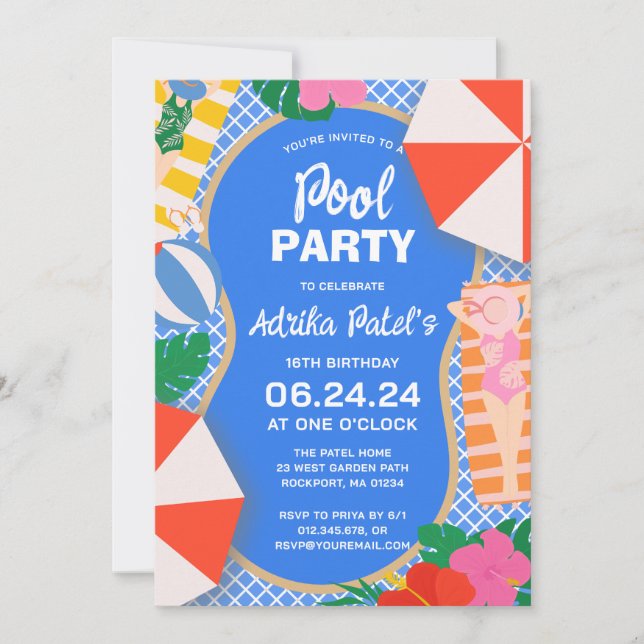 Modern Tropical 16th Birthday Pool Party Invitation (Front)