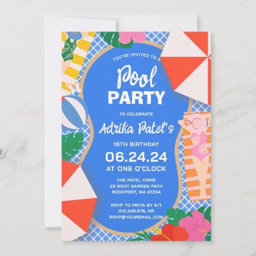 Modern Tropical 16th Birthday Pool Party Invitation