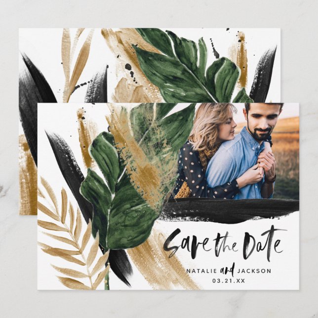 Modern tropical abstract  black gold save the date invitation (Front/Back)