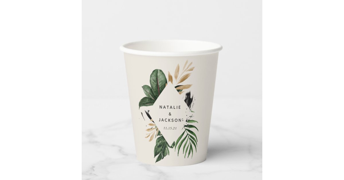 Modern tropical abstract painted wedding paper cups | Zazzle