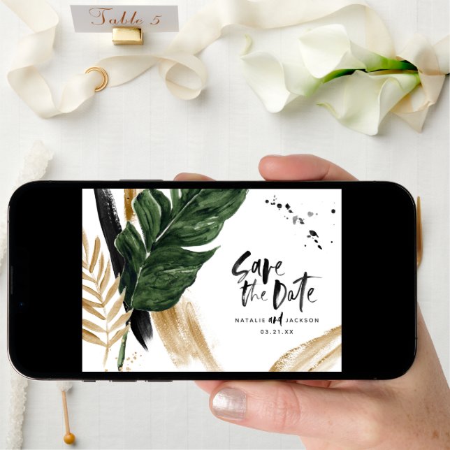 Modern tropical abstract painted wedding save the date (Front Digital)