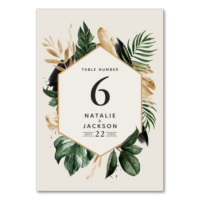 Modern tropical abstract wedding table numbers (Front)