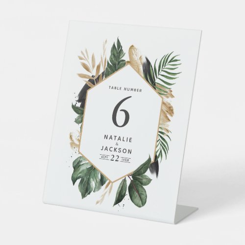 Modern tropical abstract wedding table numbers pedestal sign