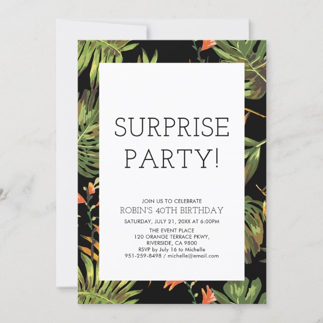 Modern Tropical Adult Surprise 40th Birthday Party Invitation (Front)