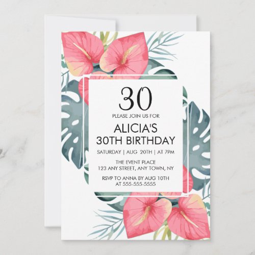 Modern Tropical Anthurium  Monstera Birthday Invitation