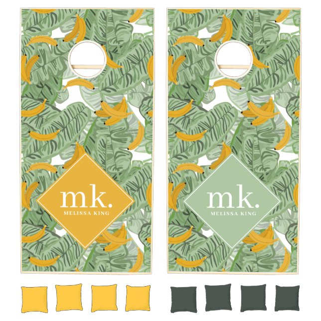Modern Tropical Banana Greenery Pattern Cornhole Set (Set)