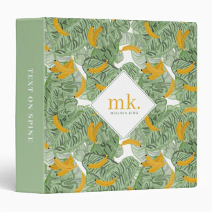 Modern Tropical Banana Greenery Pattern Monogram 3 Ring Binder
