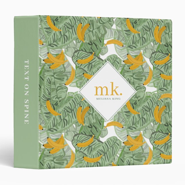 Modern Tropical Banana Greenery Pattern Monogram 3 Ring Binder (Front/Spine)