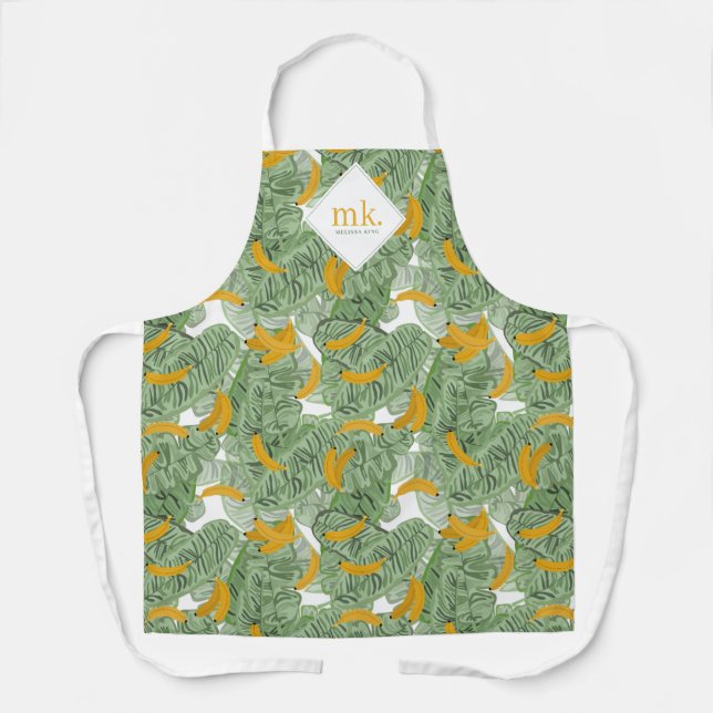 Modern Tropical Banana Greenery Pattern Monogram Apron (Front)
