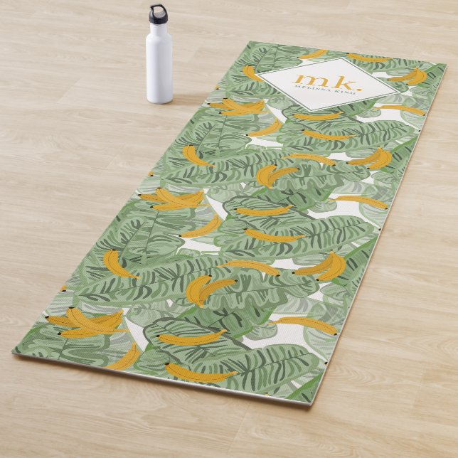 Modern Tropical Banana Greenery Pattern Monogram Yoga Mat (In Situ)