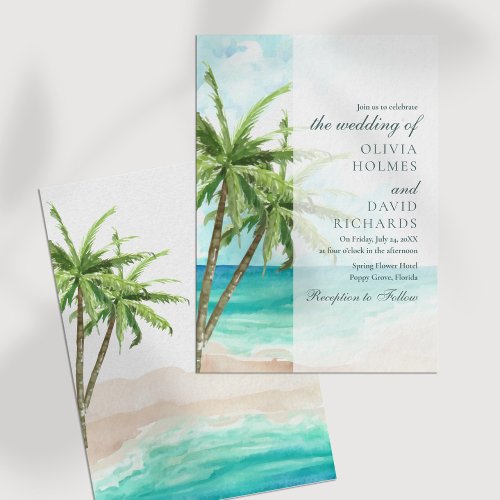Modern Tropical Beach and Palm Trees Wedding Invitation