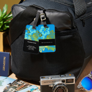 Modern tropical beach hibiscus azure blue luggage tag