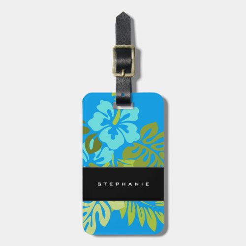 Modern tropical beach hibiscus azure blue luggage tag