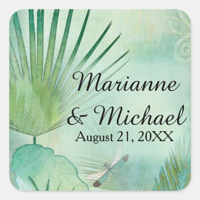 Modern Tropical Beach Jungle Leaf Foliage Coastal Square Sticker (Front)
