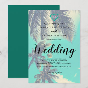 Modern tropical beach palm overlay photo wedding invitation