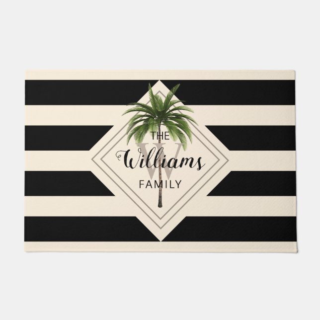Modern Tropical Beach Palm Tree Script Monogram Doormat (Front)