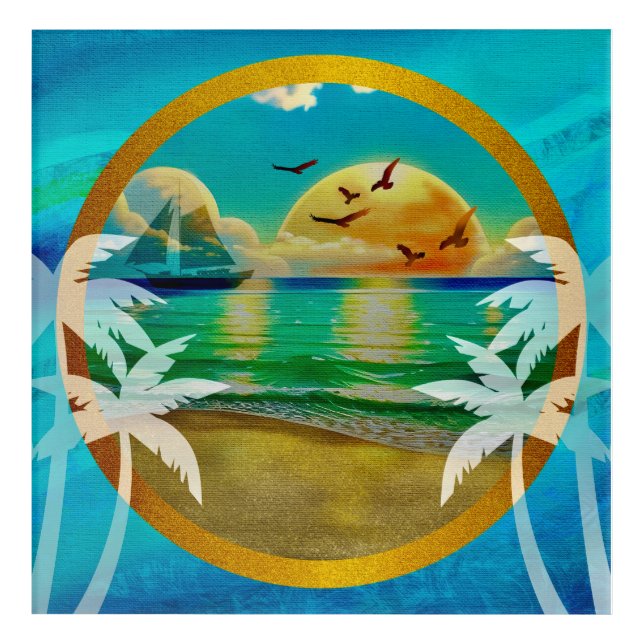 Modern Tropical Beach Palm Trees Sunset Vacation Acrylic Print (Front)