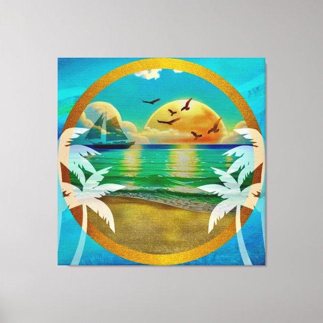 Modern Tropical Beach Palm Trees Sunset Vacation Canvas Print (Front)