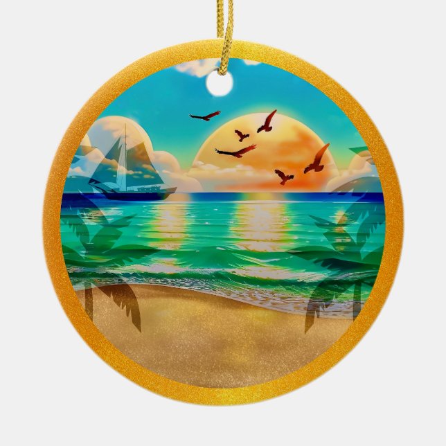 Modern Tropical Beach Palm Trees Sunset Vacation Ceramic Ornament (Front)