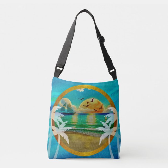 Modern Tropical Beach Palm Trees Sunset Vacation Crossbody Bag (Front)