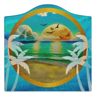 Modern Tropical Beach Palm Trees Sunset Vacation Door Sign