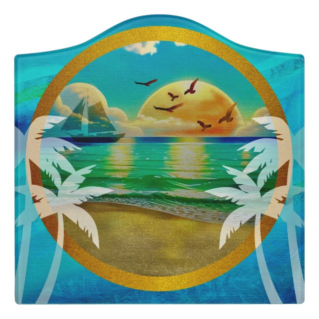 Modern Tropical Beach Palm Trees Sunset Vacation Door Sign (Large Crest Front)