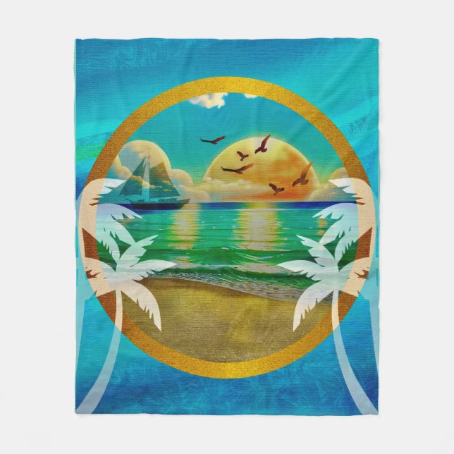 Modern Tropical Beach Palm Trees Sunset Vacation Fleece Blanket (Front)
