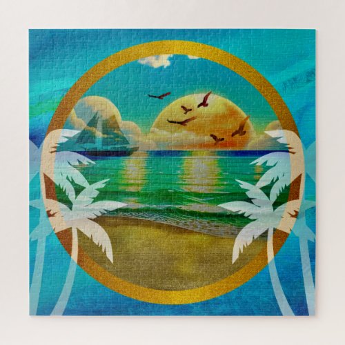 Modern Tropical Beach Palm Trees Sunset Vacation Jigsaw Puzzle