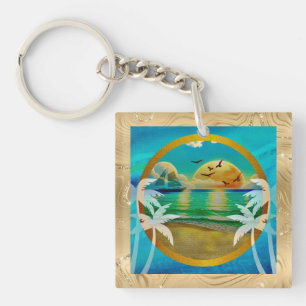 Modern Tropical Beach Palm Trees Sunset Vacation Keychain