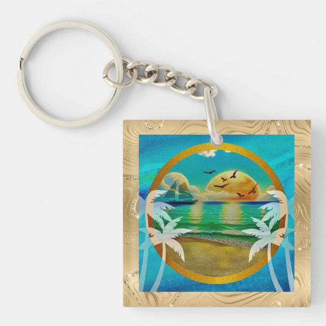 Modern Tropical Beach Palm Trees Sunset Vacation Keychain (Front)