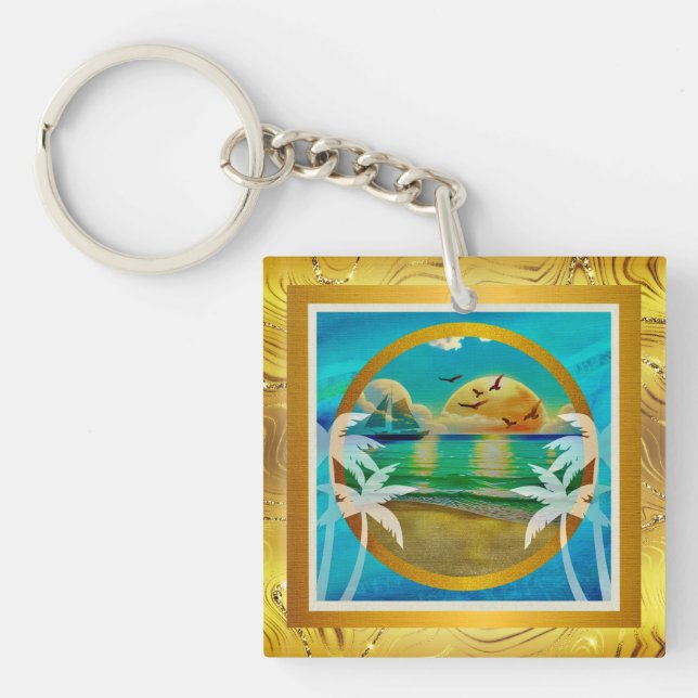 Modern Tropical Beach Palm Trees Sunset Vacation Keychain (Front)