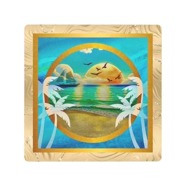 Modern Tropical Beach Palm Trees Sunset Vacation Metal Print (Front)