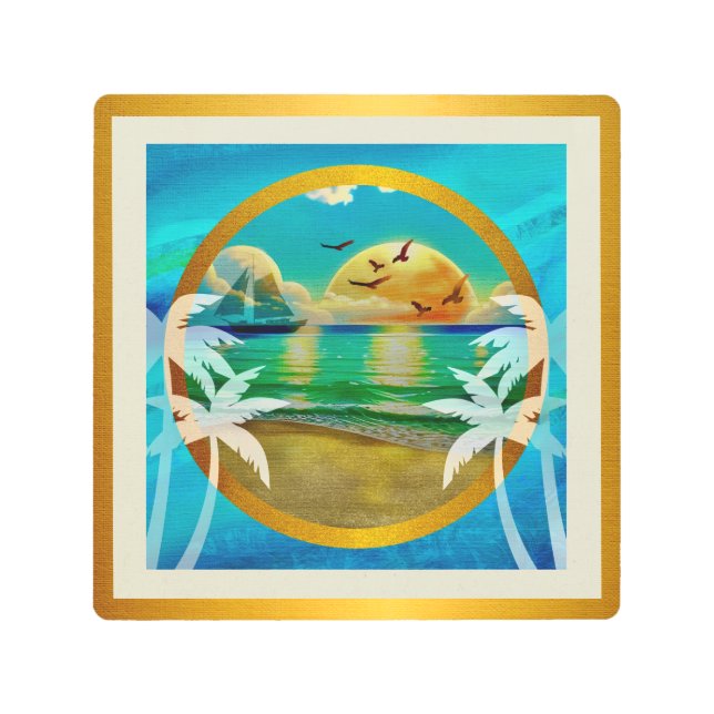 Modern Tropical Beach Palm Trees Sunset Vacation Metal Print (Front)