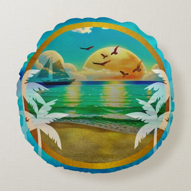 Modern Tropical Beach Palm Trees Sunset Vacation Round Pillow (Front)