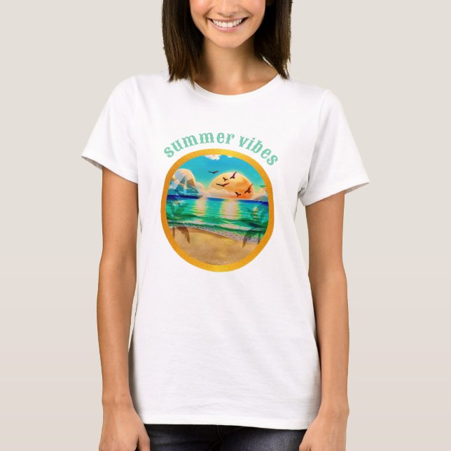 Modern Tropical Beach Palm Trees Sunset Vacation T-Shirt (Front)