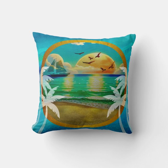 Modern Tropical Beach Palm Trees Sunset Vacation Throw Pillow (Front)
