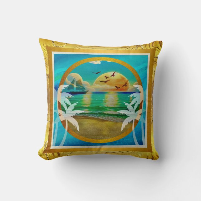 Modern Tropical Beach Palm Trees Sunset Vacation Throw Pillow (Front)