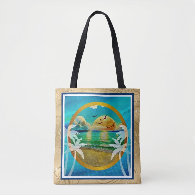 Modern Tropical Beach Palm Trees Sunset Vacation Tote Bag (Front)