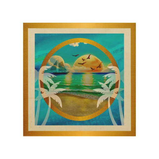 Modern Tropical Beach Palm Trees Sunset Vacation Wood Wall Art (Front)