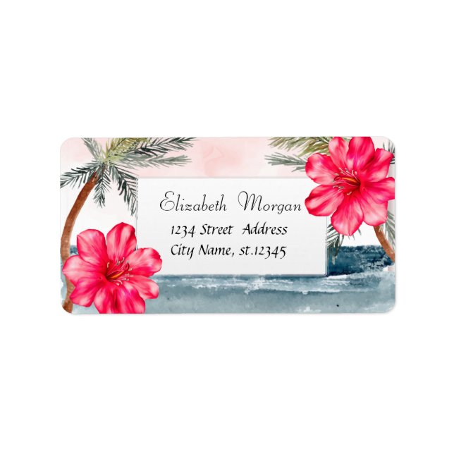 Modern Tropical Beach,Palms ,Hibiscus Label (Front)