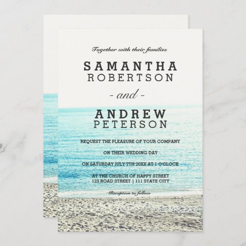 Modern tropical beach photography wedding invitation