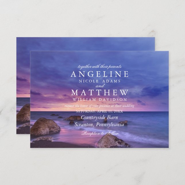 Modern Tropical Beach Sand Sunset Sea Wedding Card (Front/Back)
