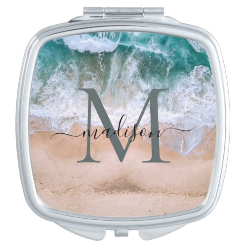 Modern Tropical Beach Sea Shore Monogram Script Compact Mirror