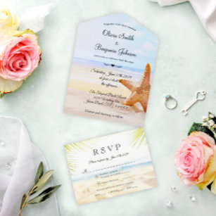 Modern Tropical Beach Starfish Summer Wedding All In One Invitation