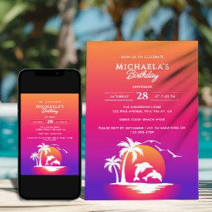 Modern Tropical Beach Sunset Birthday Party Invitation