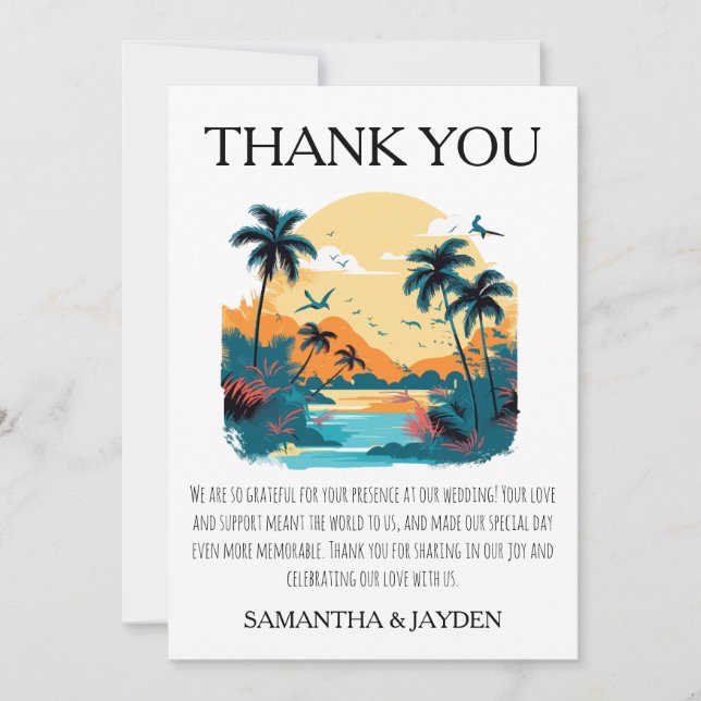 modern tropical beach wedding thank you cards (Front)